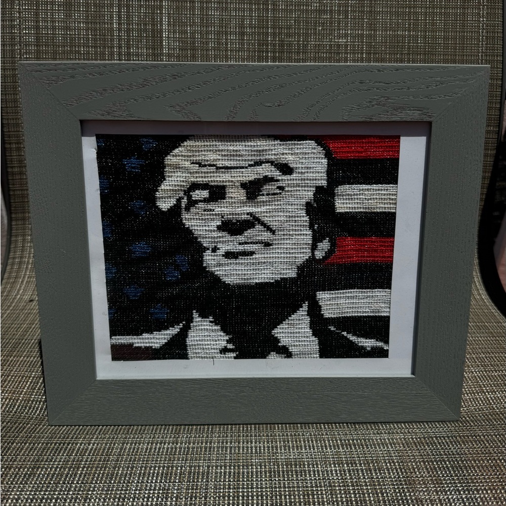 Framed Cross-Stitch Art with Donald Trump